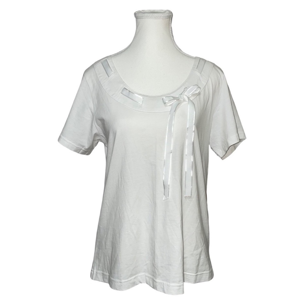White Top with Ribbon Woven Along Neckline